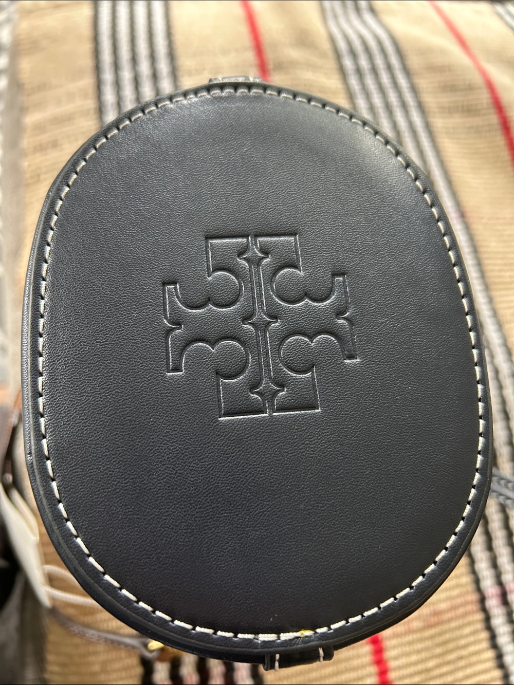 Tory Burch Navy and Beige Logo Bucket Mini Bag - Picture 5 of 6